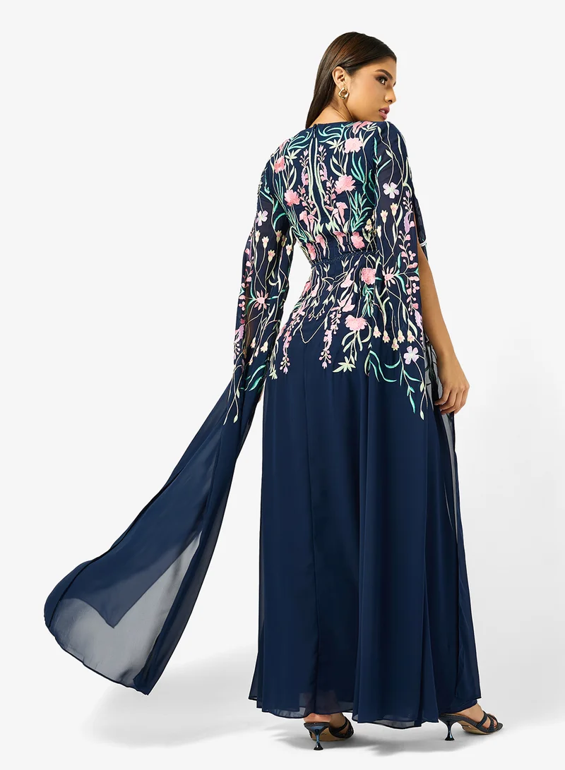 Frock and Frill Embroidered Crew Neck Cape Sleeve Maxi Dress